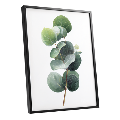 Verdant Coin Leaves, green, gray, white nature wall art shown as a black framed poster wall art print