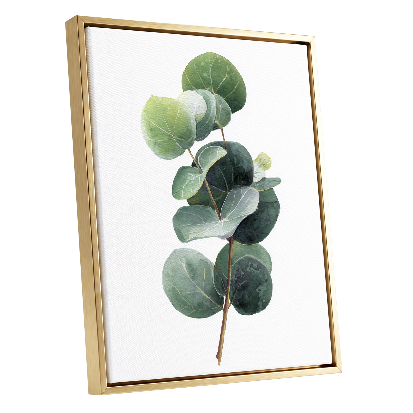 Verdant Coin Leaves, green, gray, white nature wall art shown as a gold framed canvas wall art
