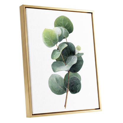 Verdant Coin Leaves, green, gray, white nature wall art shown as a gold framed canvas wall art
