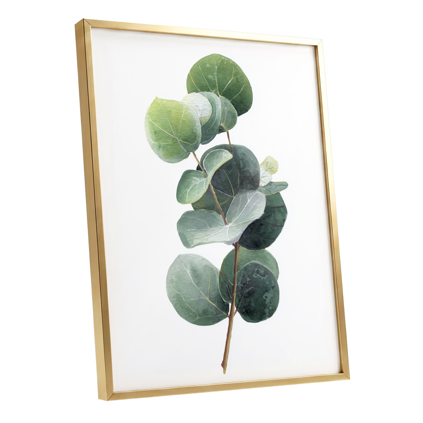 Verdant Coin Leaves, green, gray, white nature wall art shown as a gold framed poster wall art print