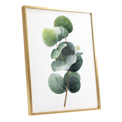 Verdant Coin Leaves, green, gray, white nature wall art shown as a gold framed poster wall art print