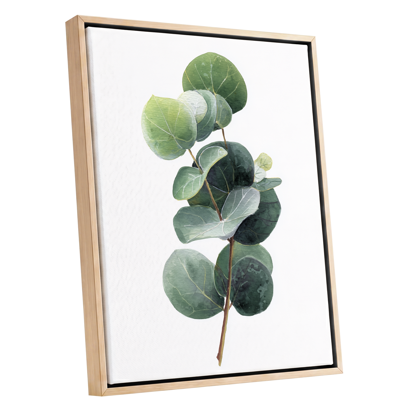Verdant Coin Leaves, green, gray, white nature wall art shown as a oak framed canvas wall art
