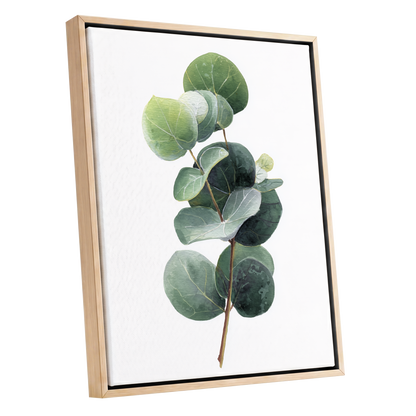 Verdant Coin Leaves, green, gray, white nature wall art shown as a oak framed canvas wall art