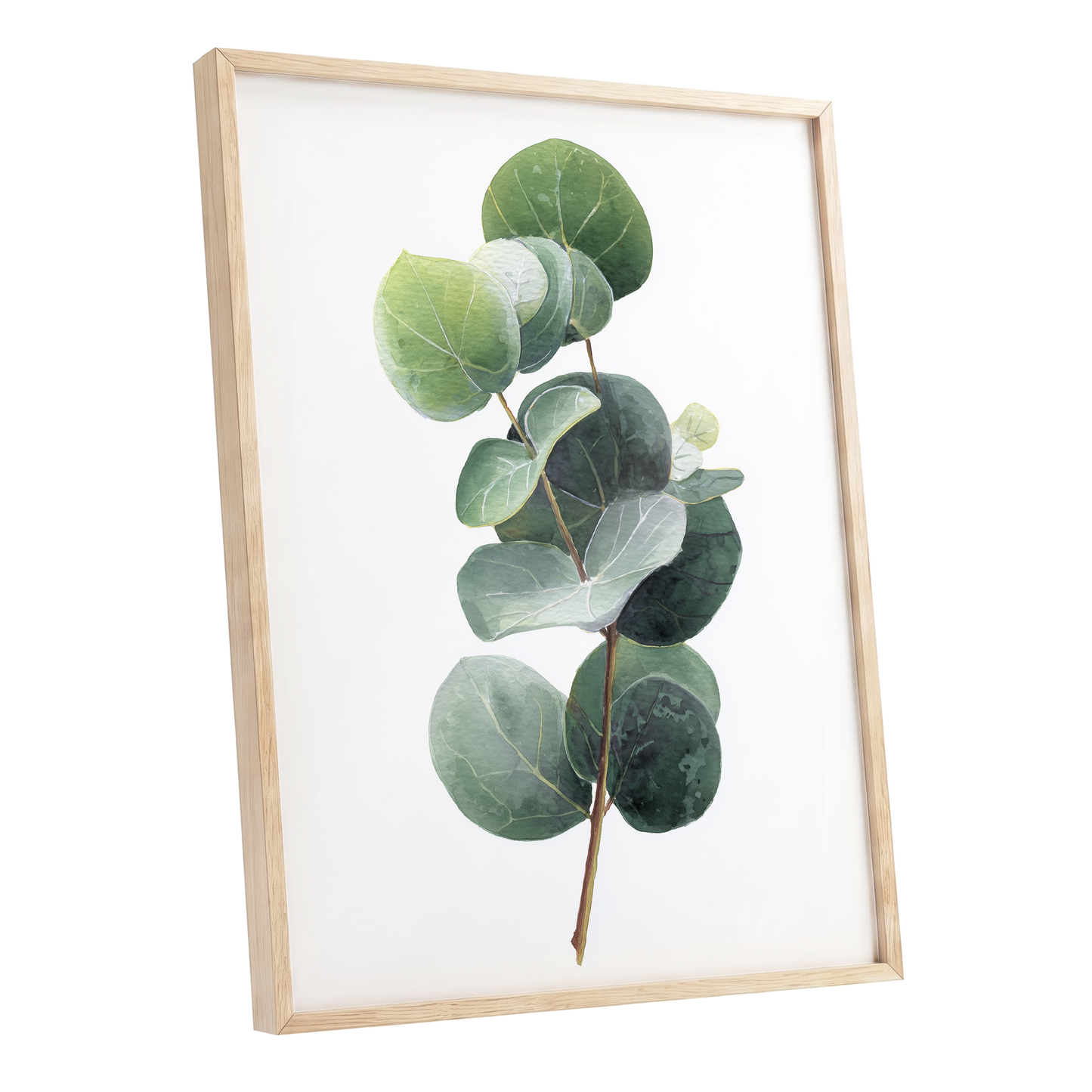 Verdant Coin Leaves, green, gray, white nature wall art shown as a oak framed poster wall art print