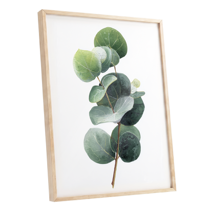 Verdant Coin Leaves, green, gray, white nature wall art shown as a oak framed poster wall art print