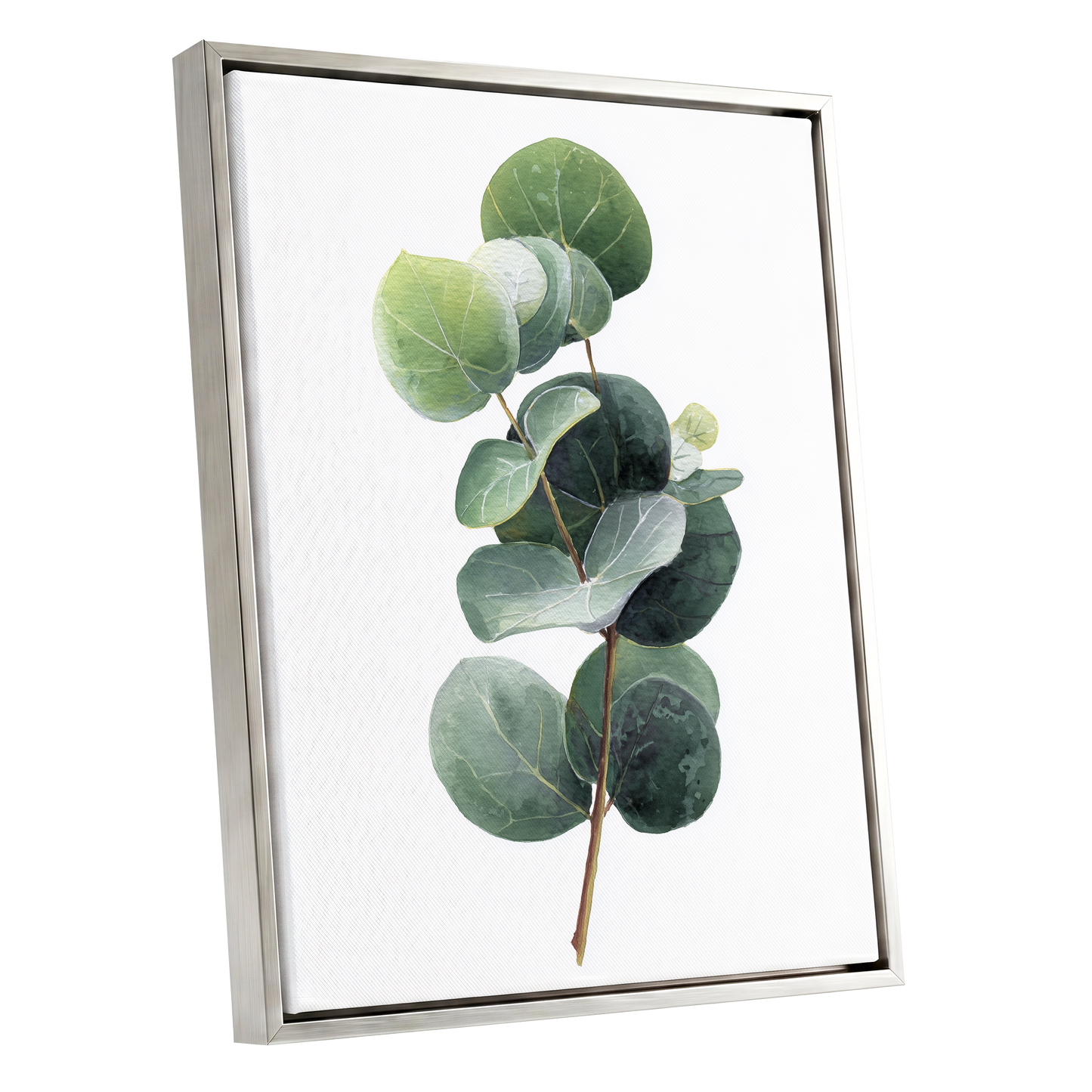 Verdant Coin Leaves, green, gray, white nature wall art shown as a silver framed canvas wall art