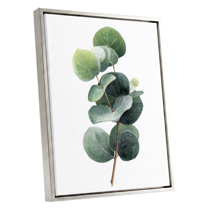Verdant Coin Leaves, green, gray, white nature wall art shown as a silver framed canvas wall art