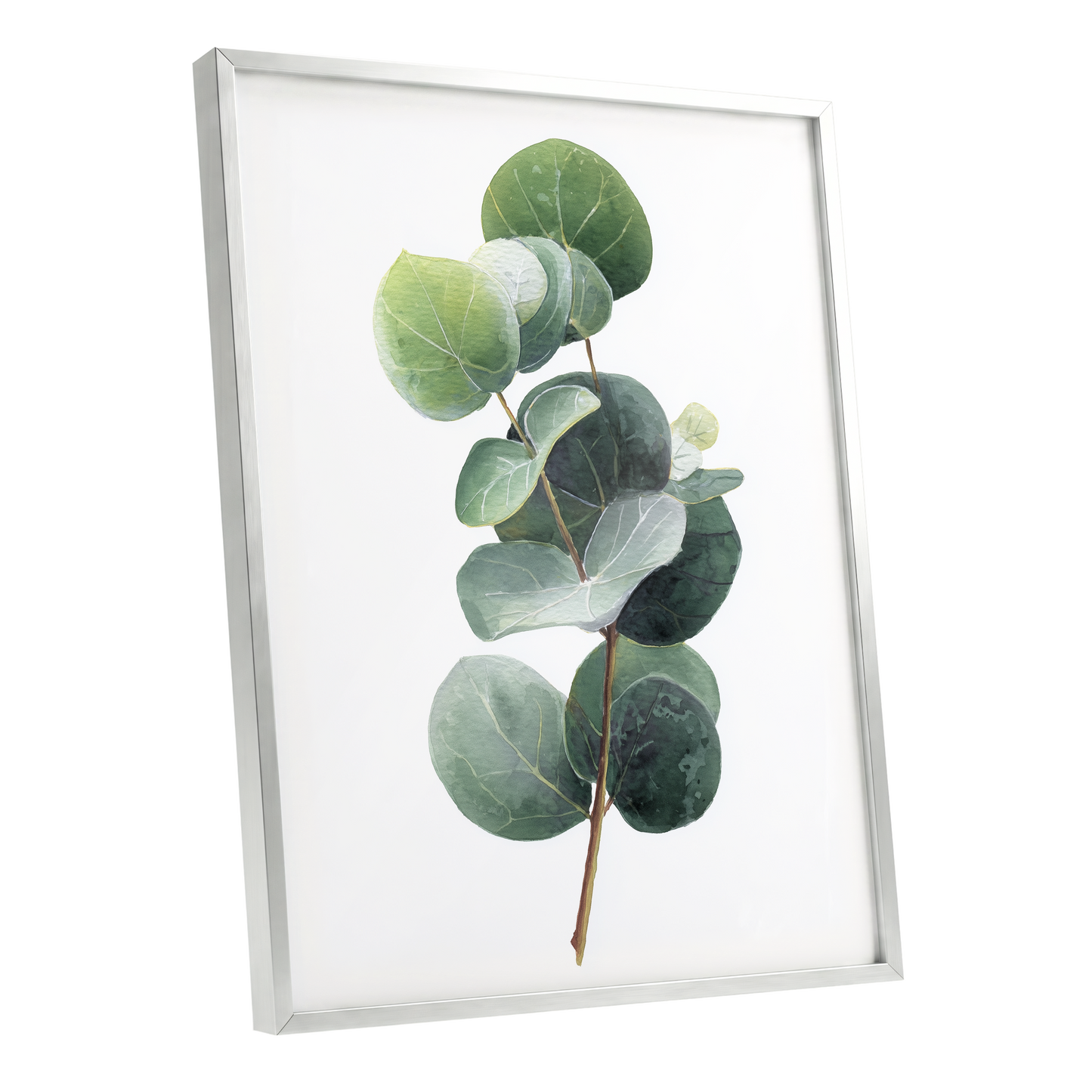 Verdant Coin Leaves, green, gray, white nature wall art shown as a silver framed poster wall art print
