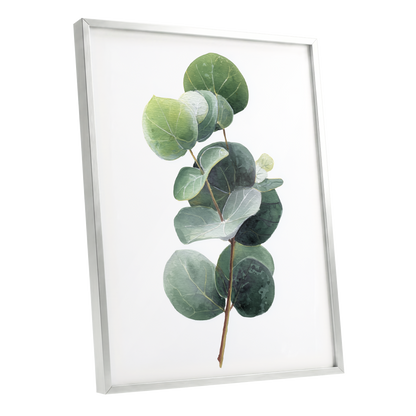 Verdant Coin Leaves, green, gray, white nature wall art shown as a silver framed poster wall art print