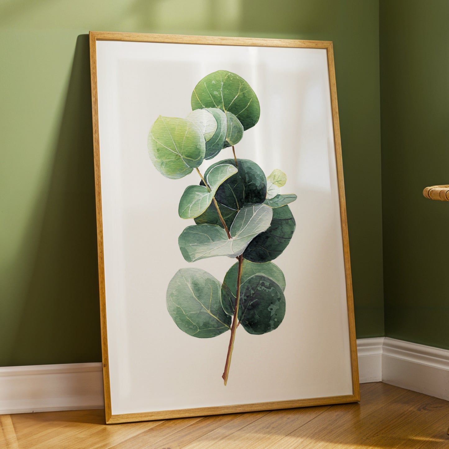 Verdant Coin Leaves, green, gray, white nature wall art displayed in a styled interior, gallery view 2