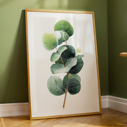 Verdant Coin Leaves, green, gray, white nature wall art displayed in a styled interior, gallery view 2