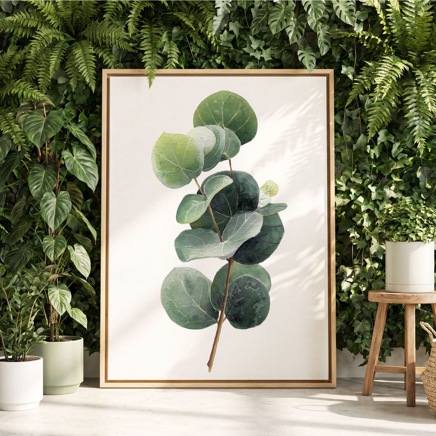 Verdant Coin Leaves, green, gray, white nature wall art displayed in a styled interior, gallery view 4