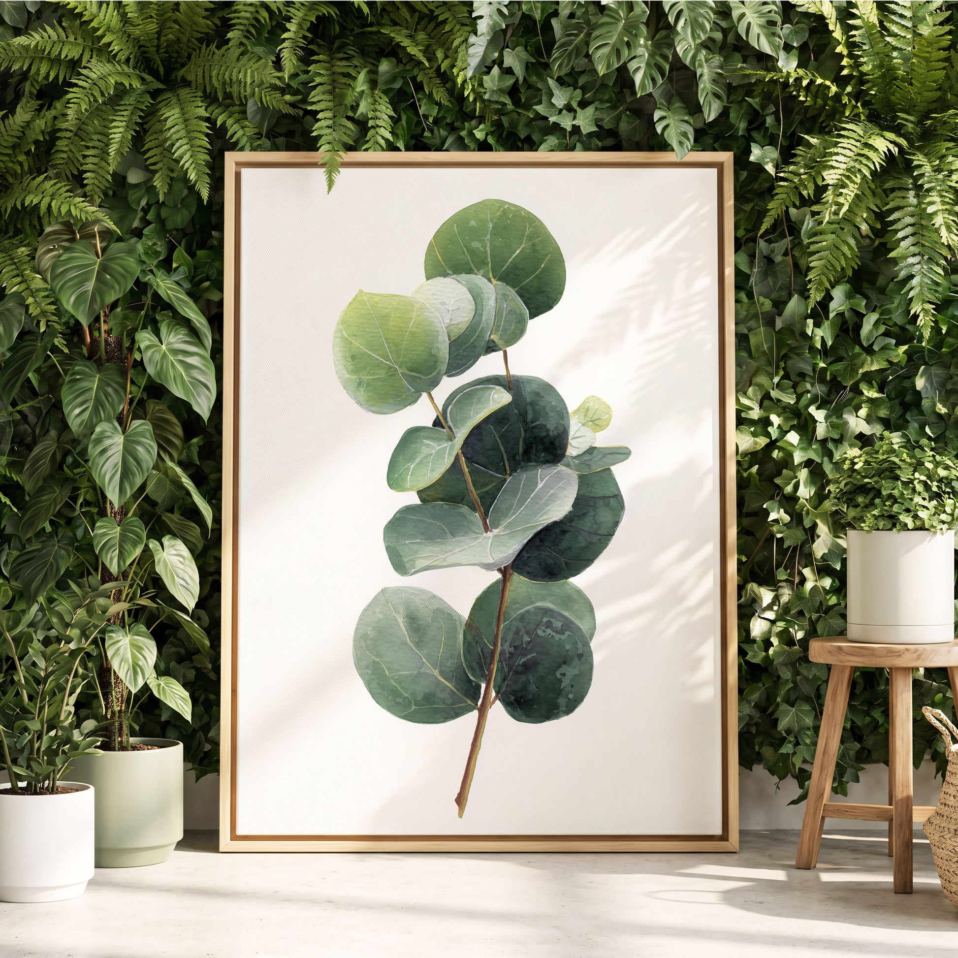 Verdant Coin Leaves, green, gray, white nature wall art displayed in a styled interior, gallery view 4