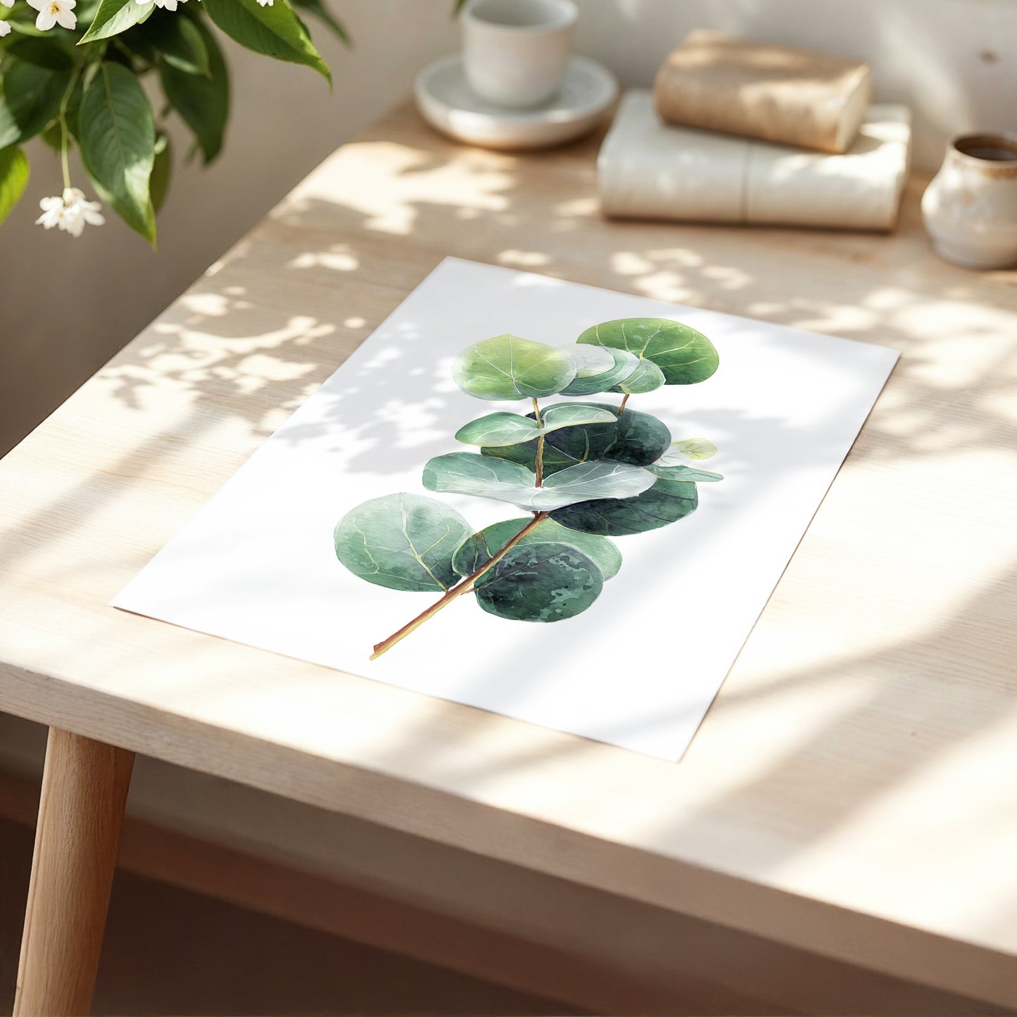 Verdant Coin Leaves, green, gray, white nature wall art displayed in a styled interior, gallery view 5