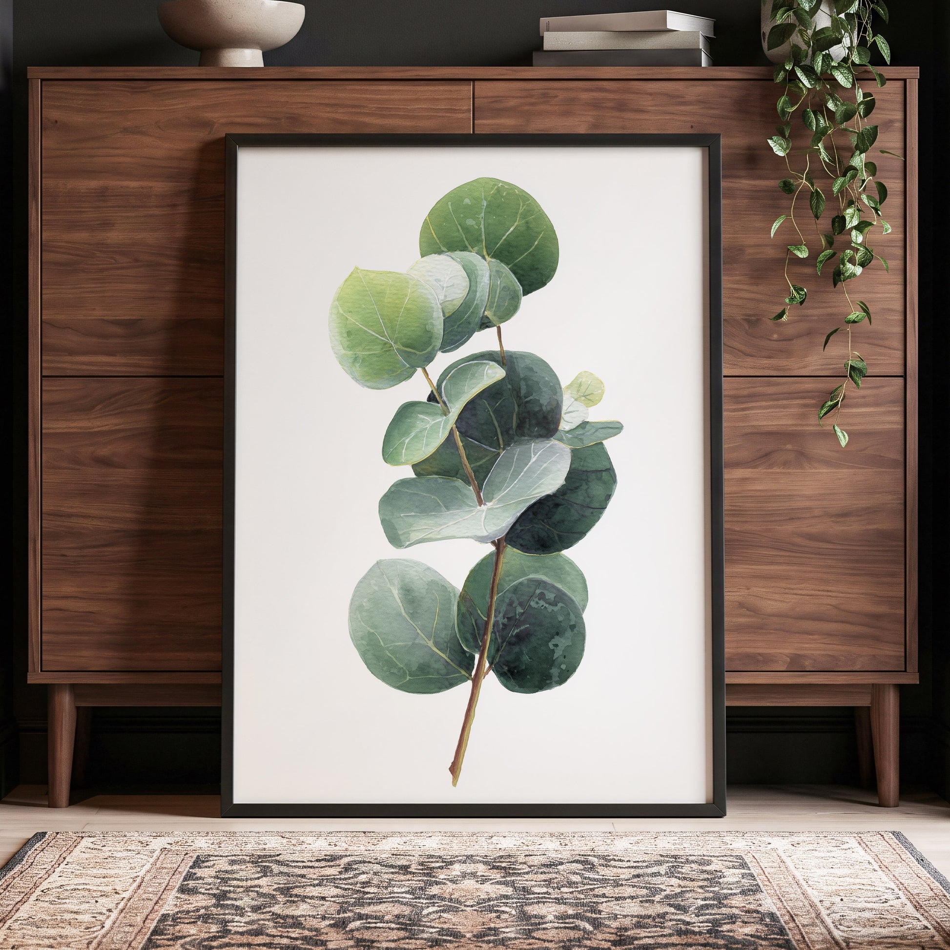 Verdant Coin Leaves, green, gray, white nature wall art displayed in a styled interior, gallery view 6