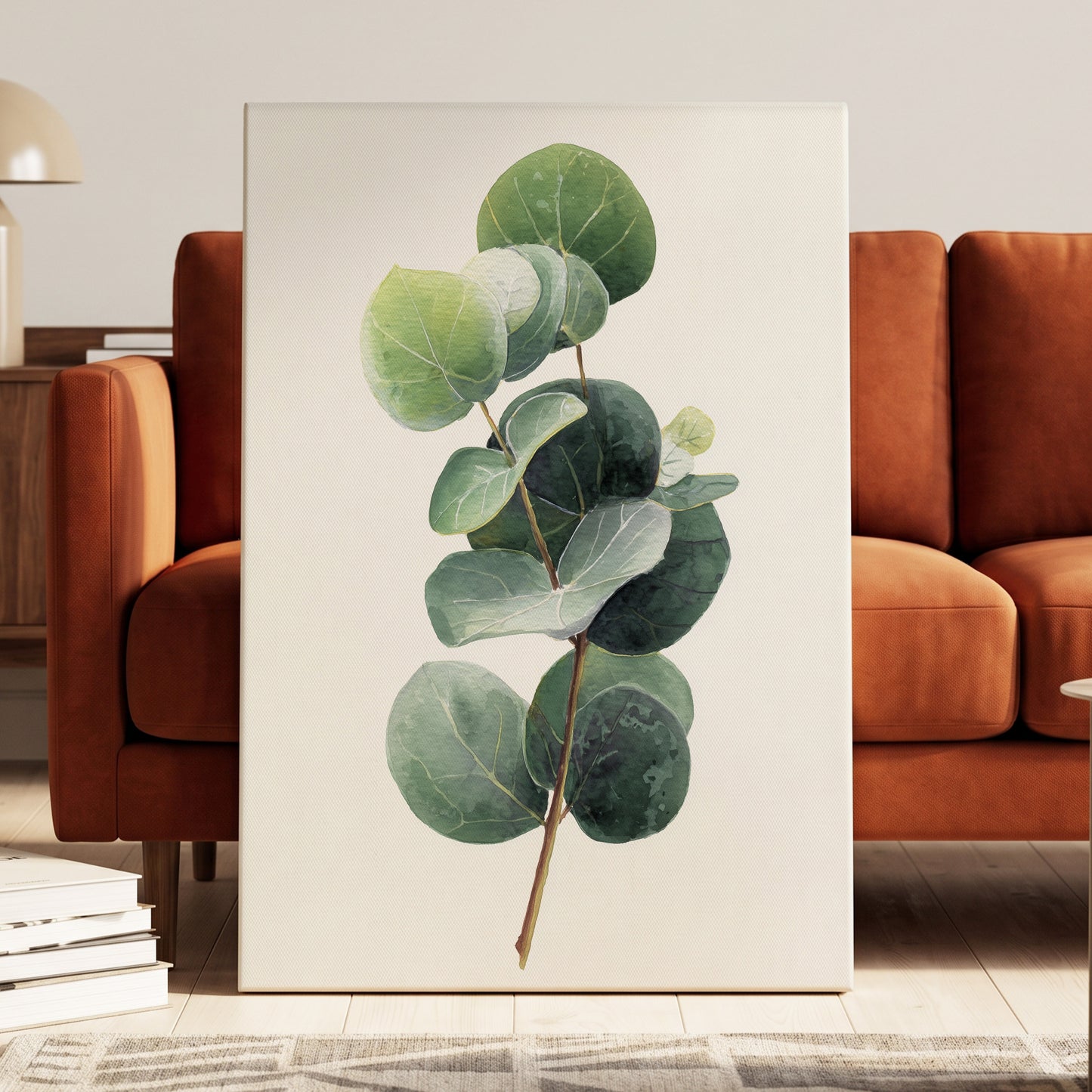 Verdant Coin Leaves, green, gray, white nature wall art displayed in a styled interior, gallery view 7