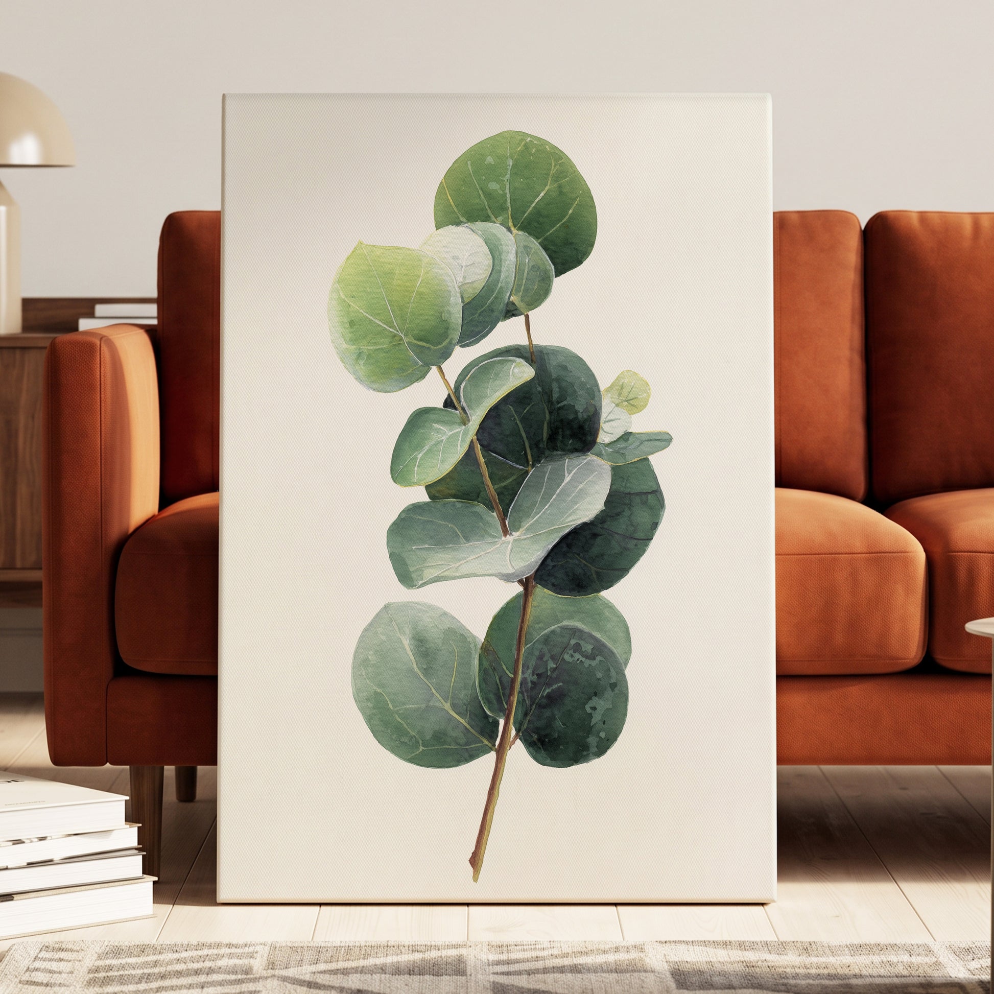 Verdant Coin Leaves, green, gray, white nature wall art displayed in a styled interior, gallery view 7