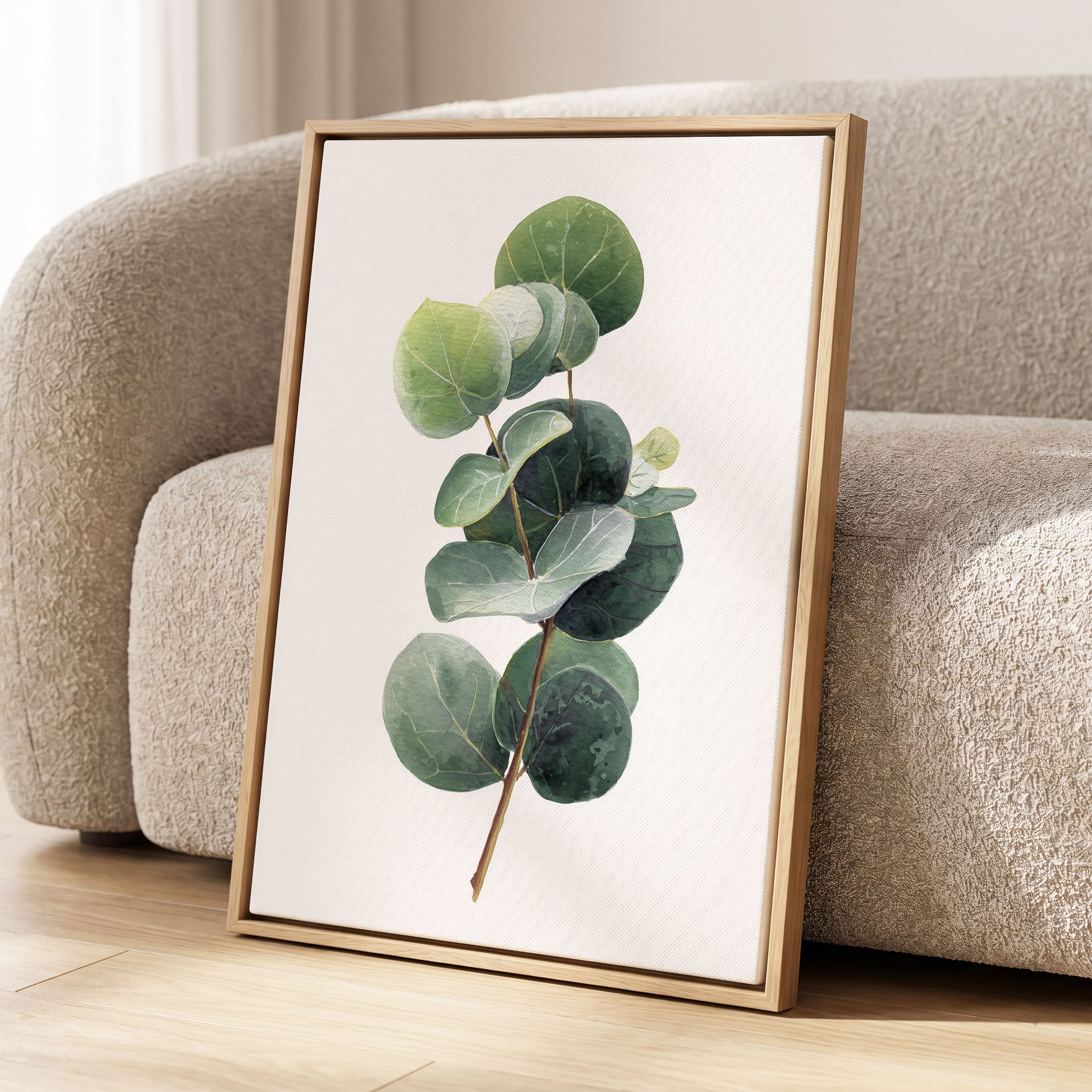 Verdant Coin Leaves, green, gray, white nature wall art displayed in a styled interior, gallery view 8