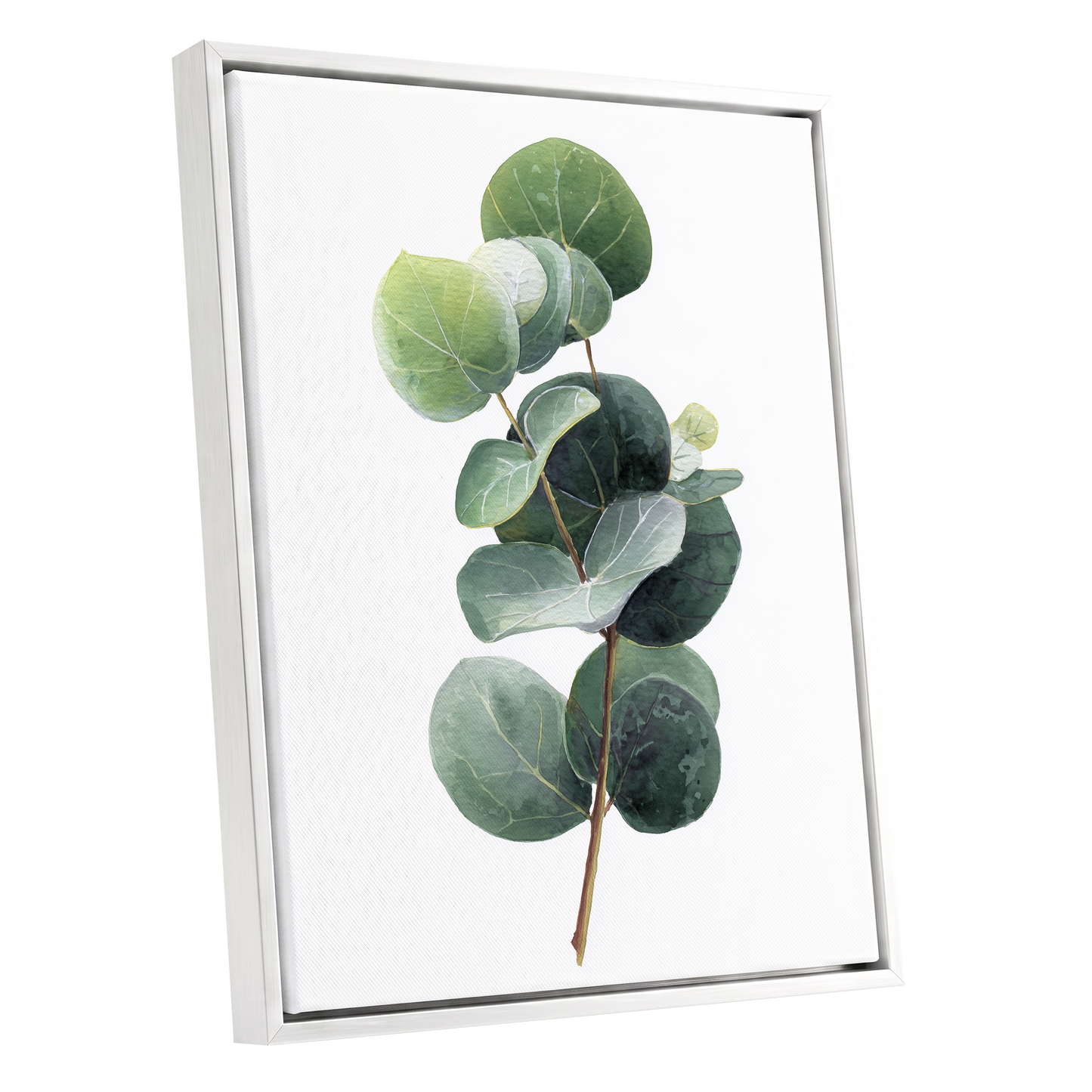 Verdant Coin Leaves, green, gray, white nature wall art shown as a white framed canvas wall art