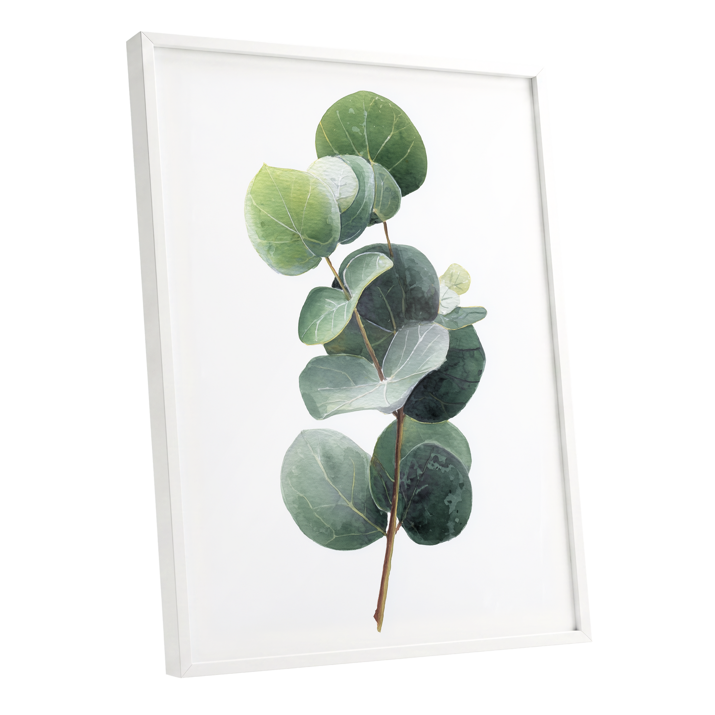 Verdant Coin Leaves, green, gray, white nature wall art shown as a white framed poster wall art print