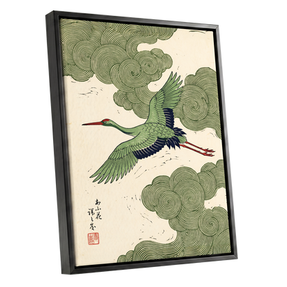 Verdant Crane Ascent, green, beige, black nature wall art shown as a black framed canvas wall art