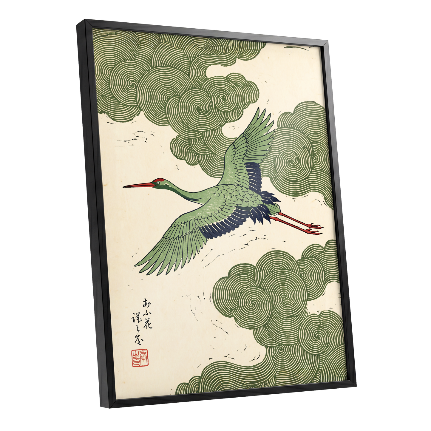 Verdant Crane Ascent, green, beige, black nature wall art shown as a black framed poster wall art print