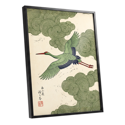 Verdant Crane Ascent, green, beige, black nature wall art shown as a black framed poster wall art print