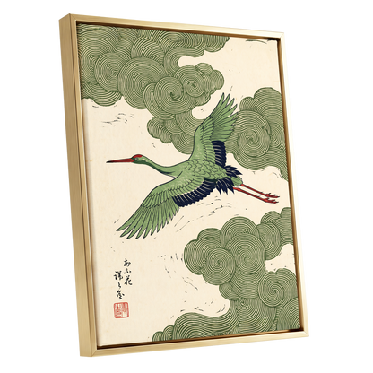 Verdant Crane Ascent, green, beige, black nature wall art shown as a gold framed canvas wall art