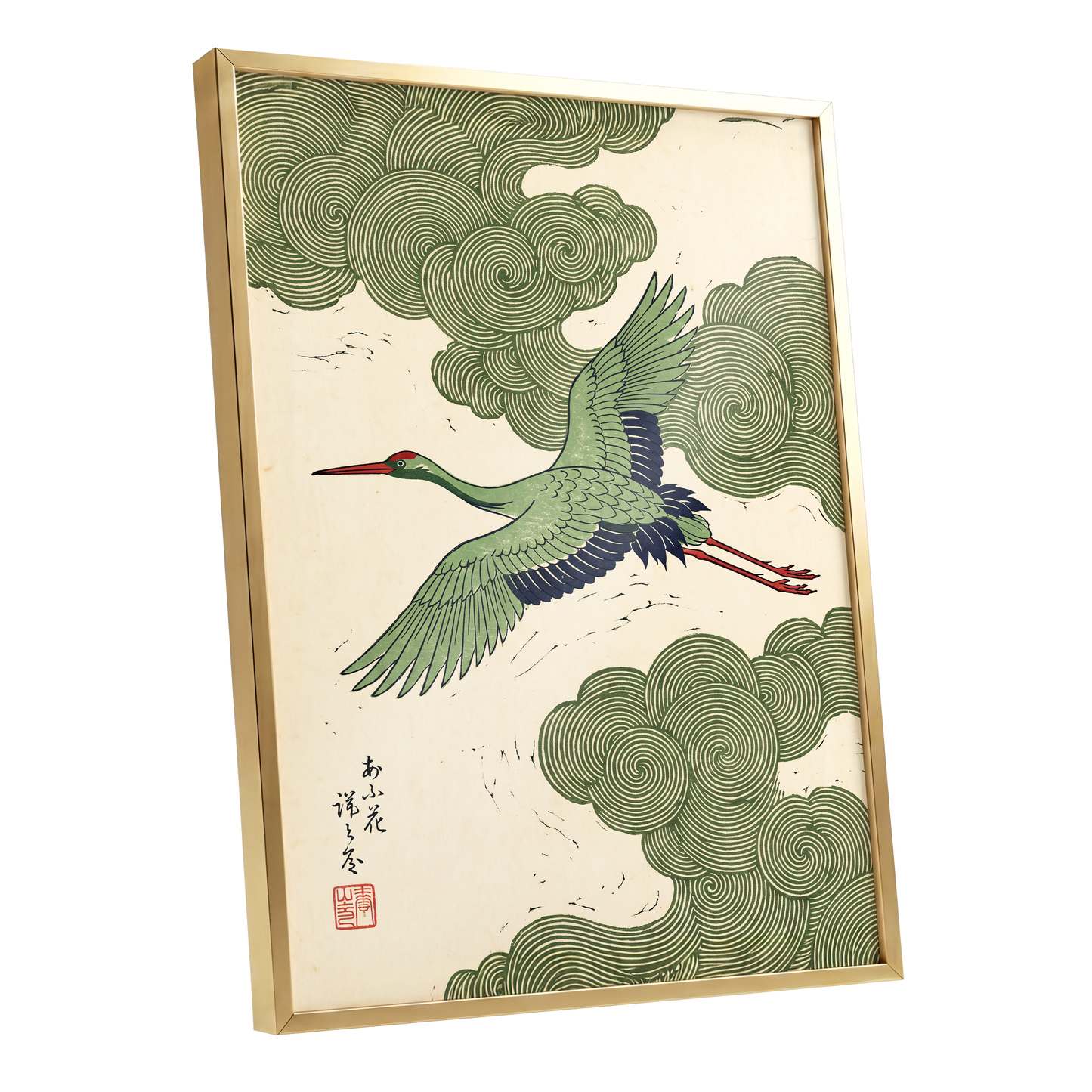 Verdant Crane Ascent, green, beige, black nature wall art shown as a gold framed poster wall art print
