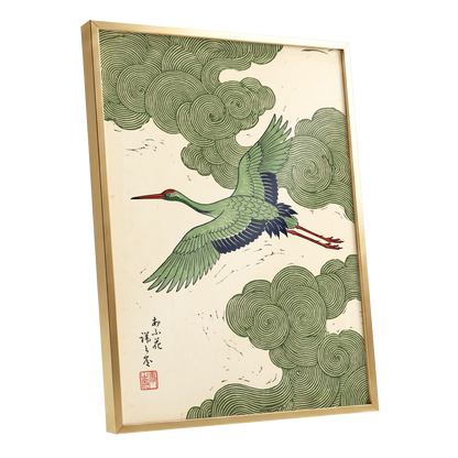 Verdant Crane Ascent, green, beige, black nature wall art shown as a gold framed poster wall art print