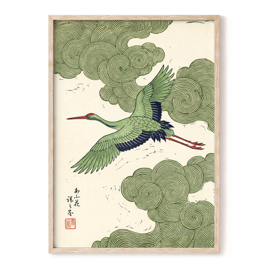 Verdant Crane Ascent, green, beige, black nature wall art, front artwork view