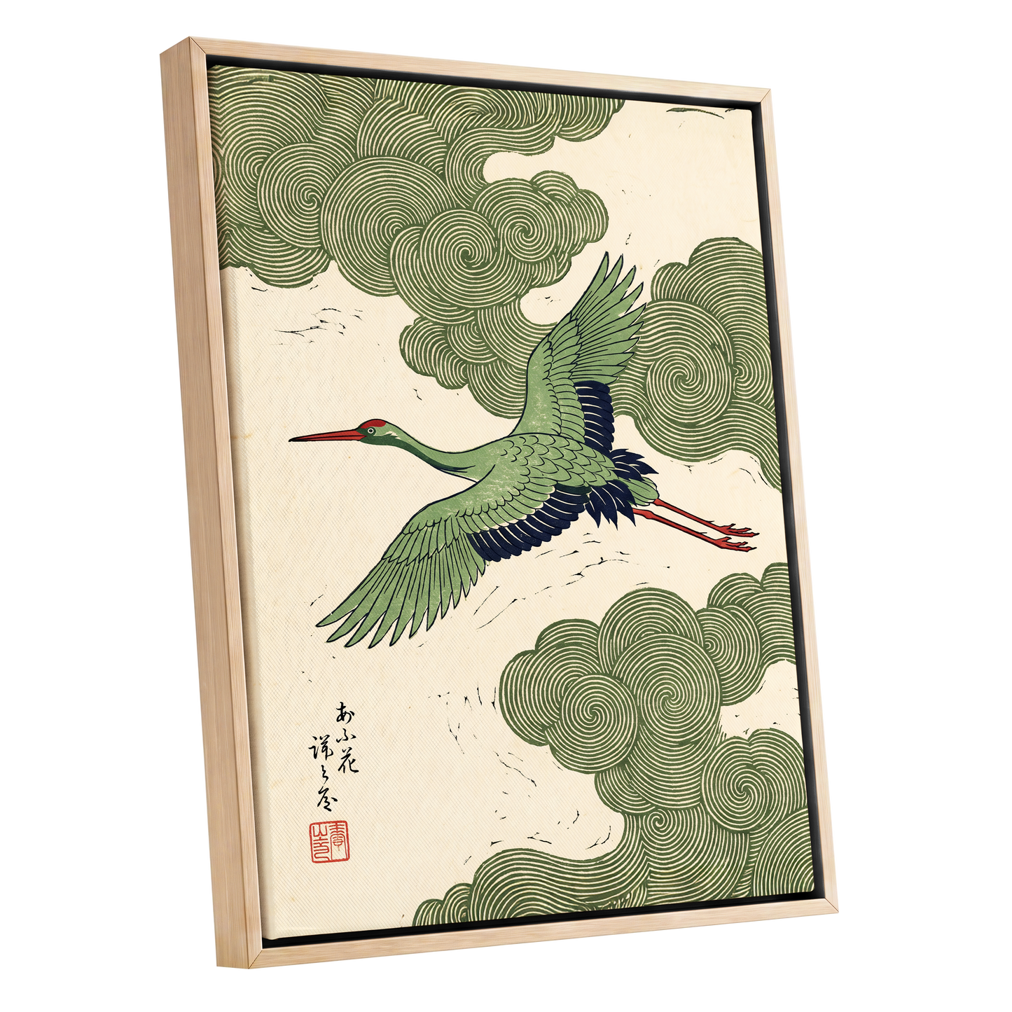 Verdant Crane Ascent, green, beige, black nature wall art shown as a oak framed canvas wall art