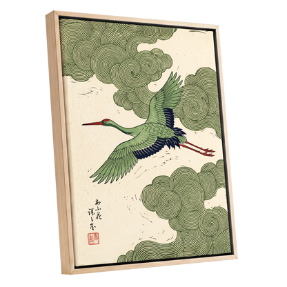 Verdant Crane Ascent, green, beige, black nature wall art shown as a oak framed canvas wall art