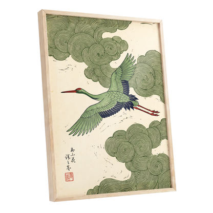 Verdant Crane Ascent, green, beige, black nature wall art shown as a oak framed poster wall art print