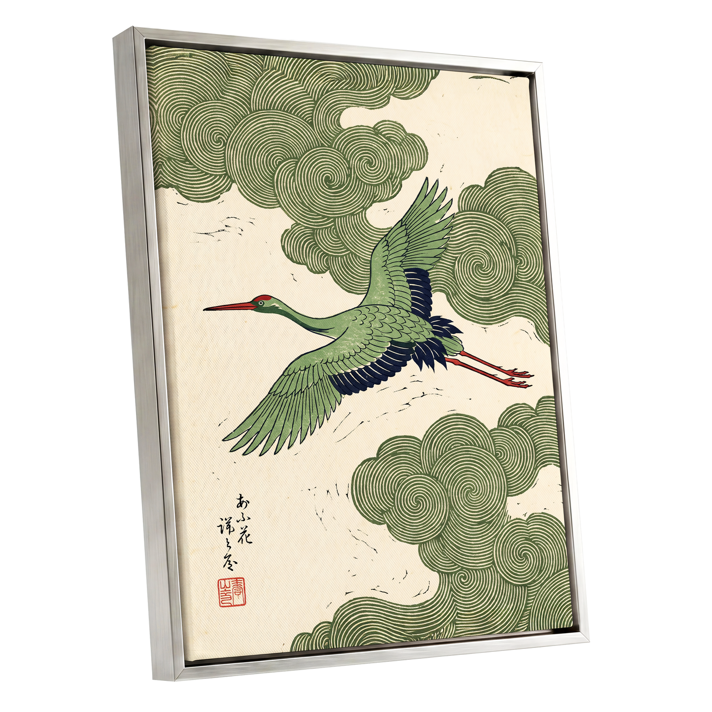 Verdant Crane Ascent, green, beige, black nature wall art shown as a silver framed canvas wall art