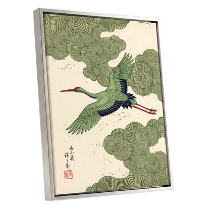 Verdant Crane Ascent, green, beige, black nature wall art shown as a silver framed canvas wall art