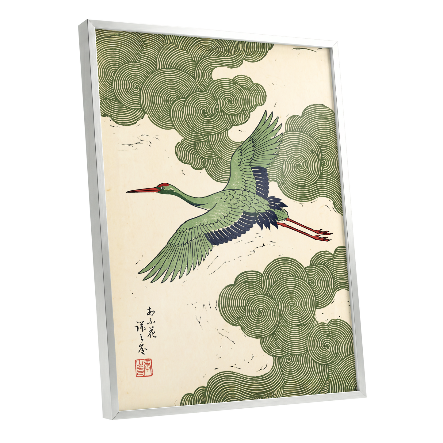 Verdant Crane Ascent, green, beige, black nature wall art shown as a silver framed poster wall art print