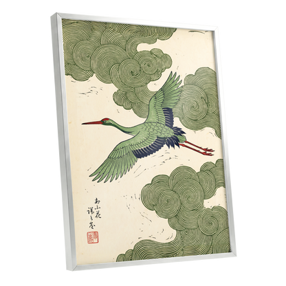 Verdant Crane Ascent, green, beige, black nature wall art shown as a silver framed poster wall art print