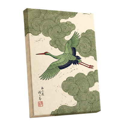 Verdant Crane Ascent, green, beige, black nature wall art shown as a stretched canvas wall art