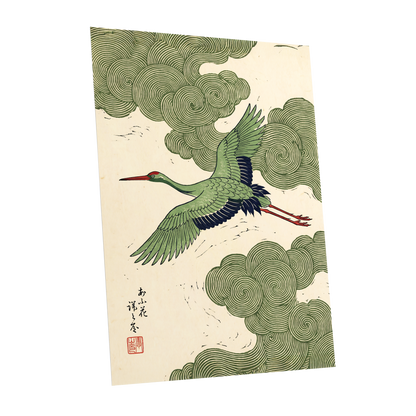 Verdant Crane Ascent, green, beige, black nature wall art shown as a unframed poster wall art print
