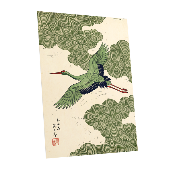 Verdant Crane Ascent, green, beige, black nature wall art shown as a unframed poster wall art print