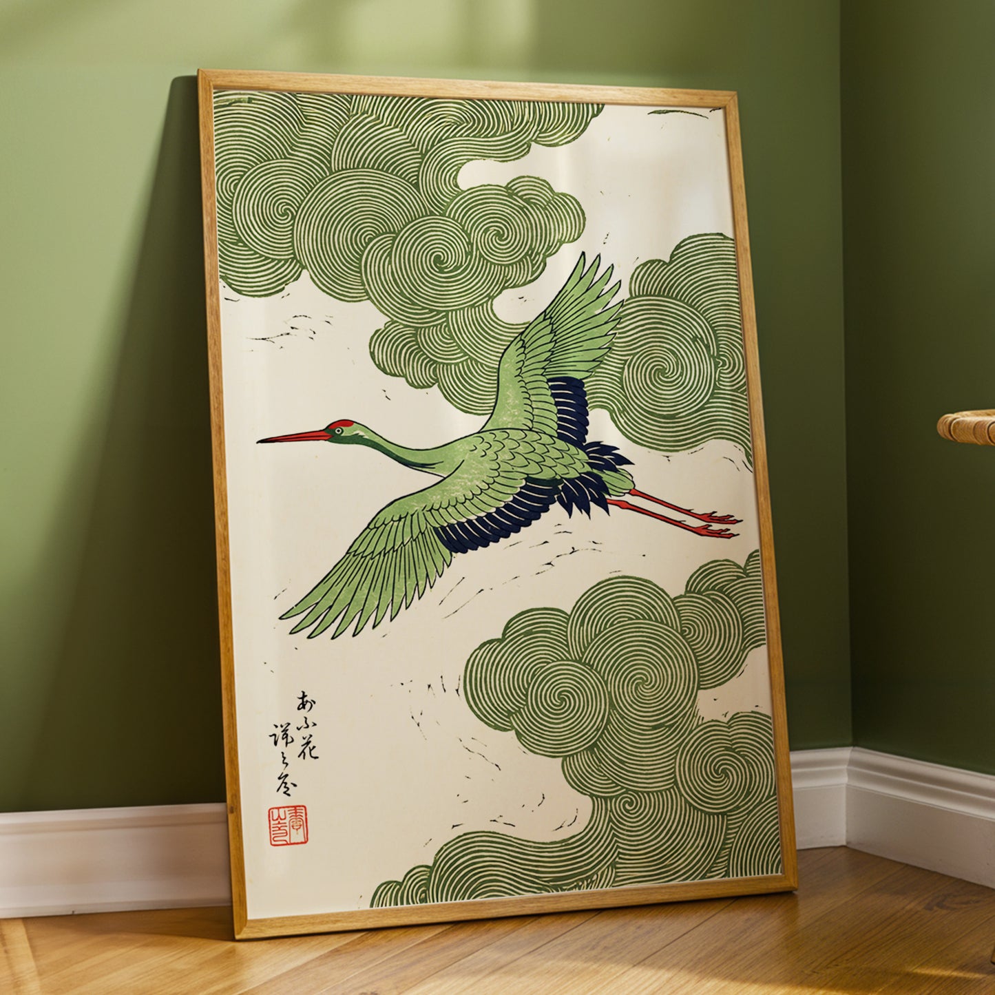 Verdant Crane Ascent, green, beige, black nature wall art displayed in a styled interior, gallery view 2