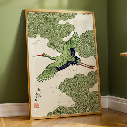 Verdant Crane Ascent, green, beige, black nature wall art displayed in a styled interior, gallery view 2