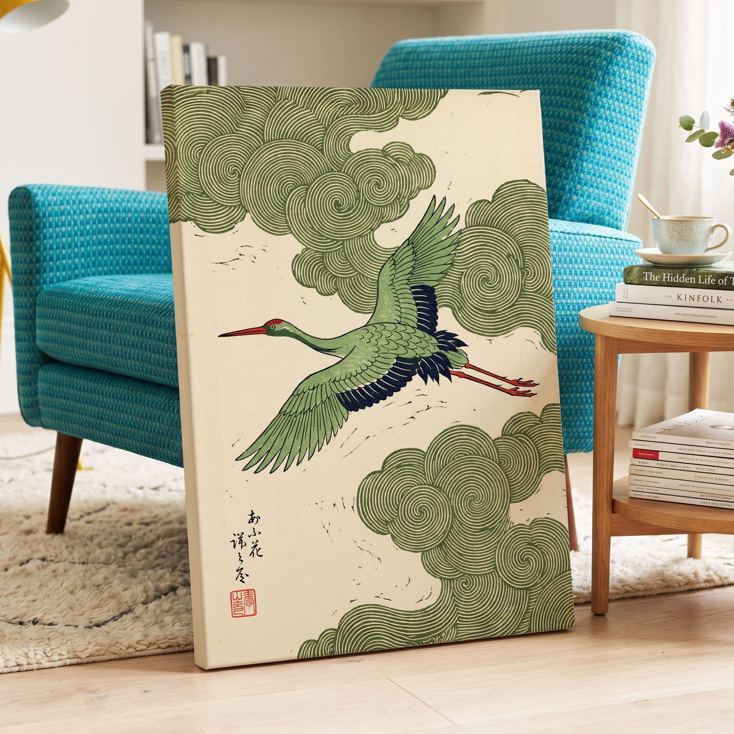 Verdant Crane Ascent, green, beige, black nature wall art displayed in a styled interior, gallery view 3