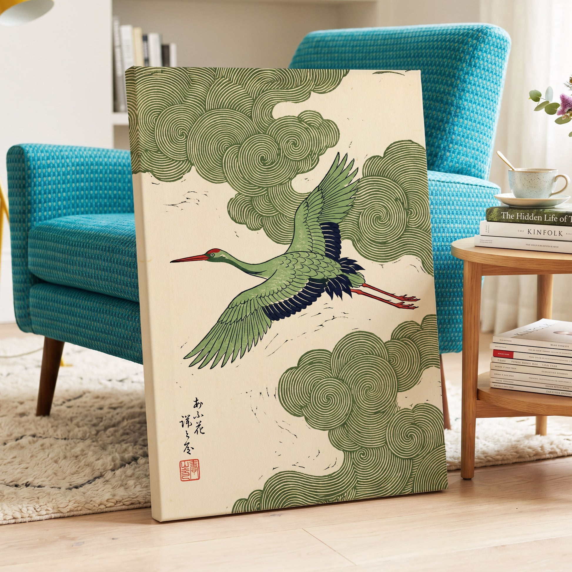 Verdant Crane Ascent, green, beige, black nature wall art displayed in a styled interior, gallery view 3