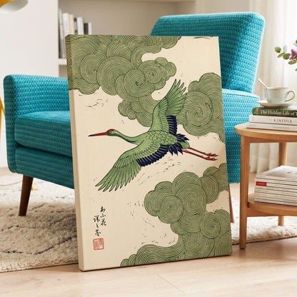 Verdant Crane Ascent, green, beige, black nature wall art displayed in a styled interior, gallery view 3