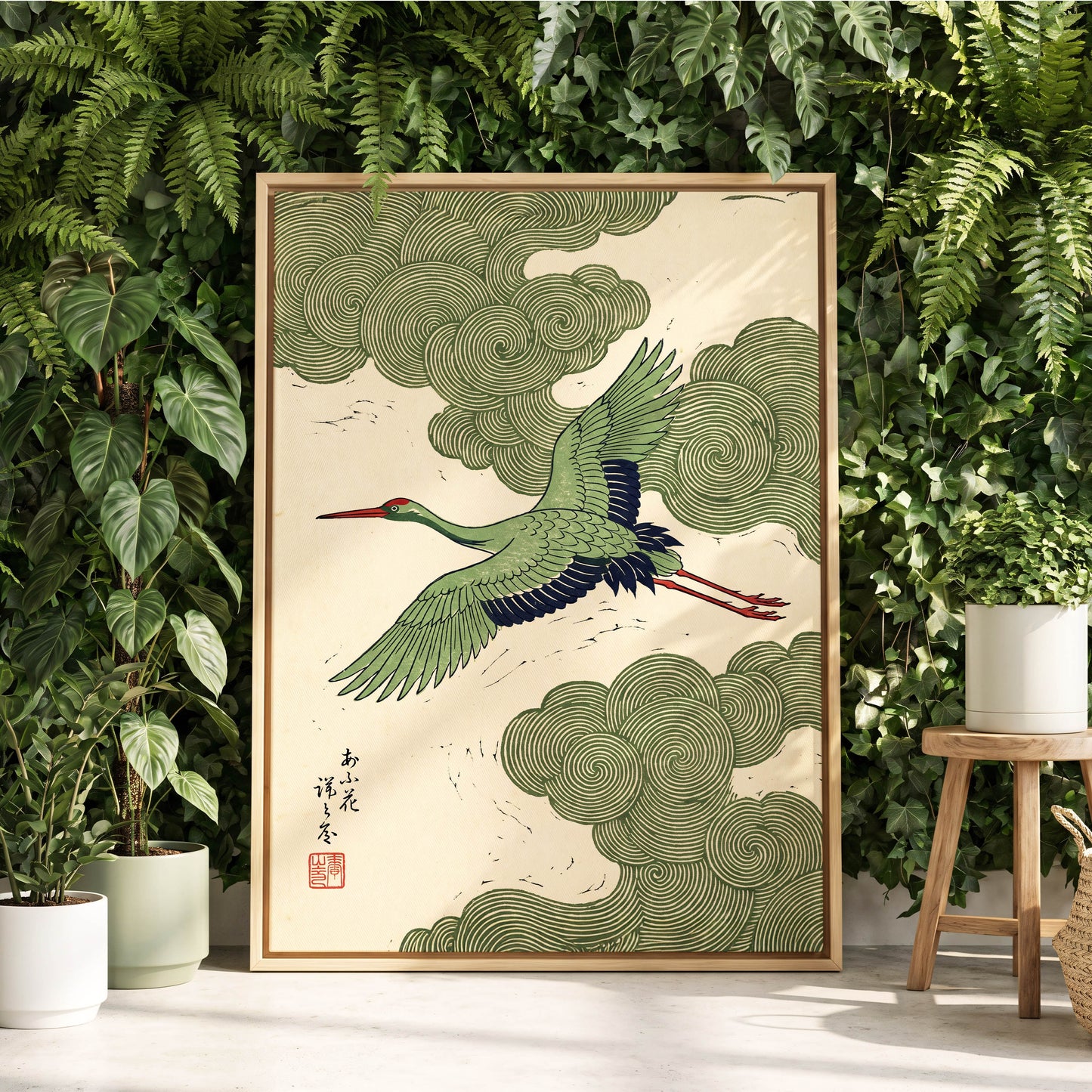 Verdant Crane Ascent, green, beige, black nature wall art displayed in a styled interior, gallery view 4