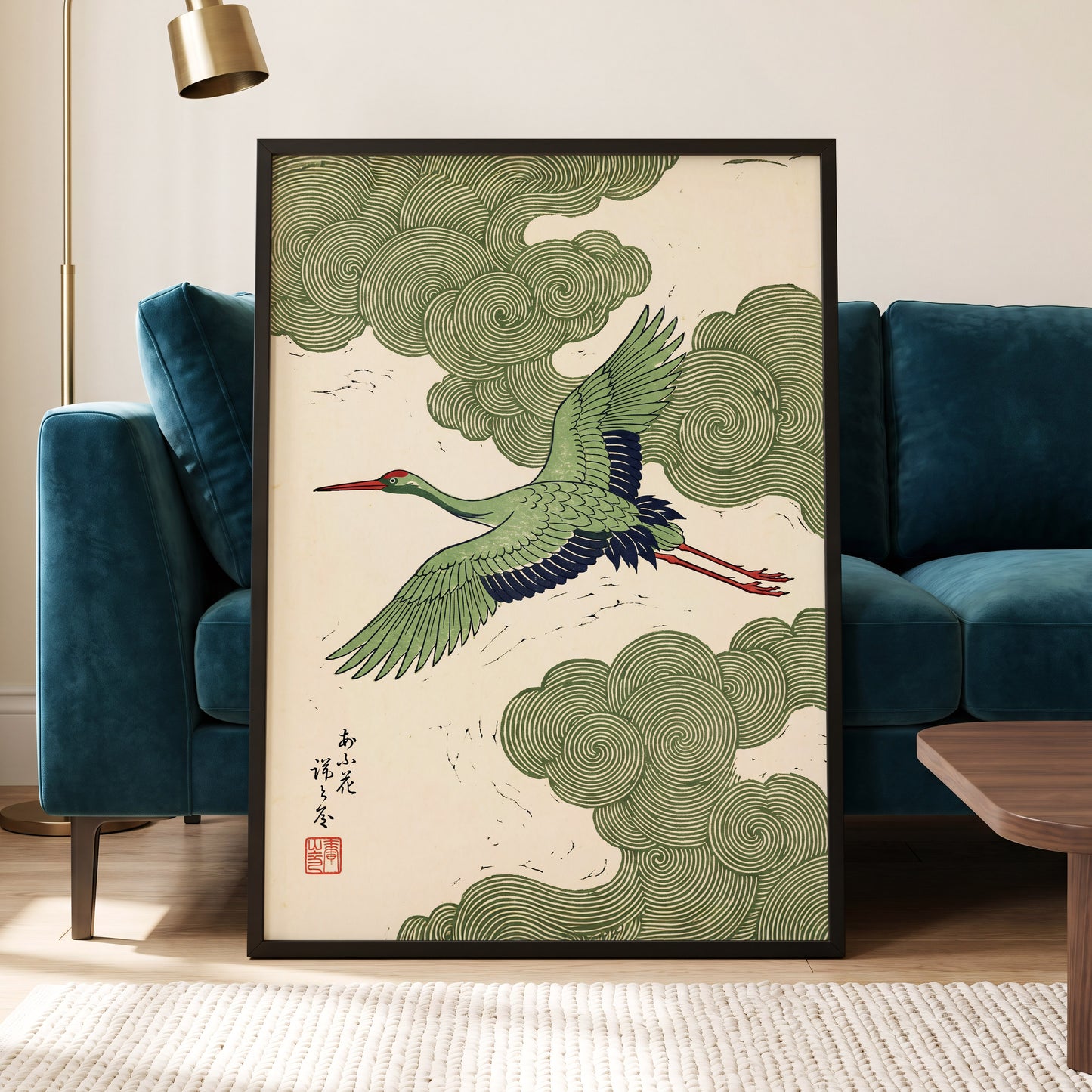 Verdant Crane Ascent, green, beige, black nature wall art displayed in a styled interior, gallery view 6