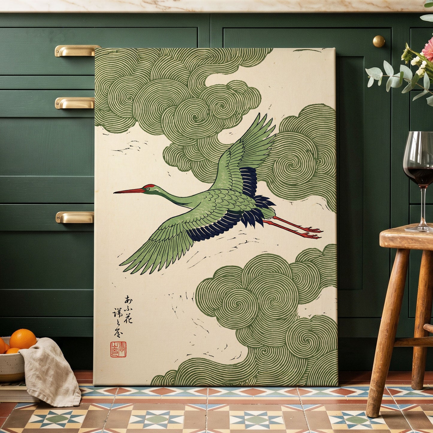 Verdant Crane Ascent, green, beige, black nature wall art displayed in a styled interior, gallery view 7