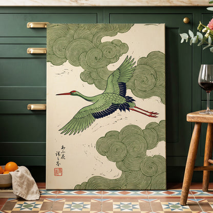 Verdant Crane Ascent, green, beige, black nature wall art displayed in a styled interior, gallery view 7